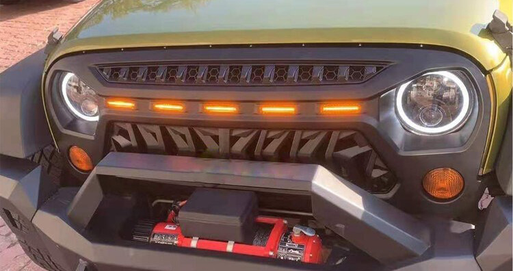 12-Haitzu Grill for Jeep Wrangler JK Accessories 2007-2018 Matte Black Angry Face Grill with 5 Amber Lights for Jeep Rubicon Sahara Sport
