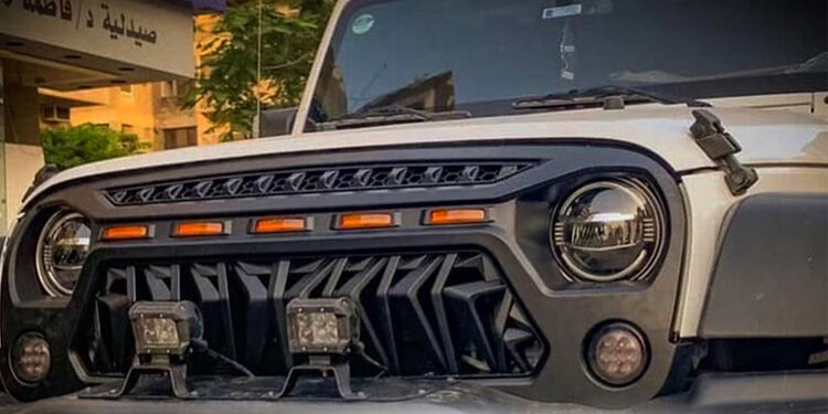 14-Haitzu Grill for Jeep Wrangler JK Accessories 2007-2018 Matte Black Angry Face Grill with 5 Amber Lights for Jeep Rubicon Sahara Sport