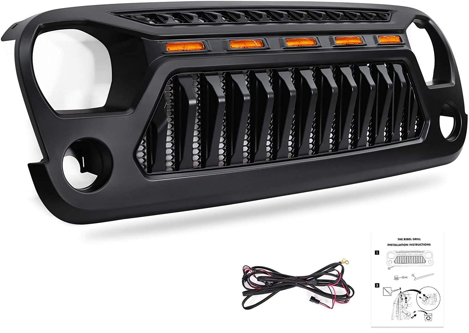 2-Haitzu Grill for Jeep Wrangler JK Accessories 2007-2018 Matte Black Angry Face Grill with 5 Amber Lights for Jeep Rubicon Sahara Sport