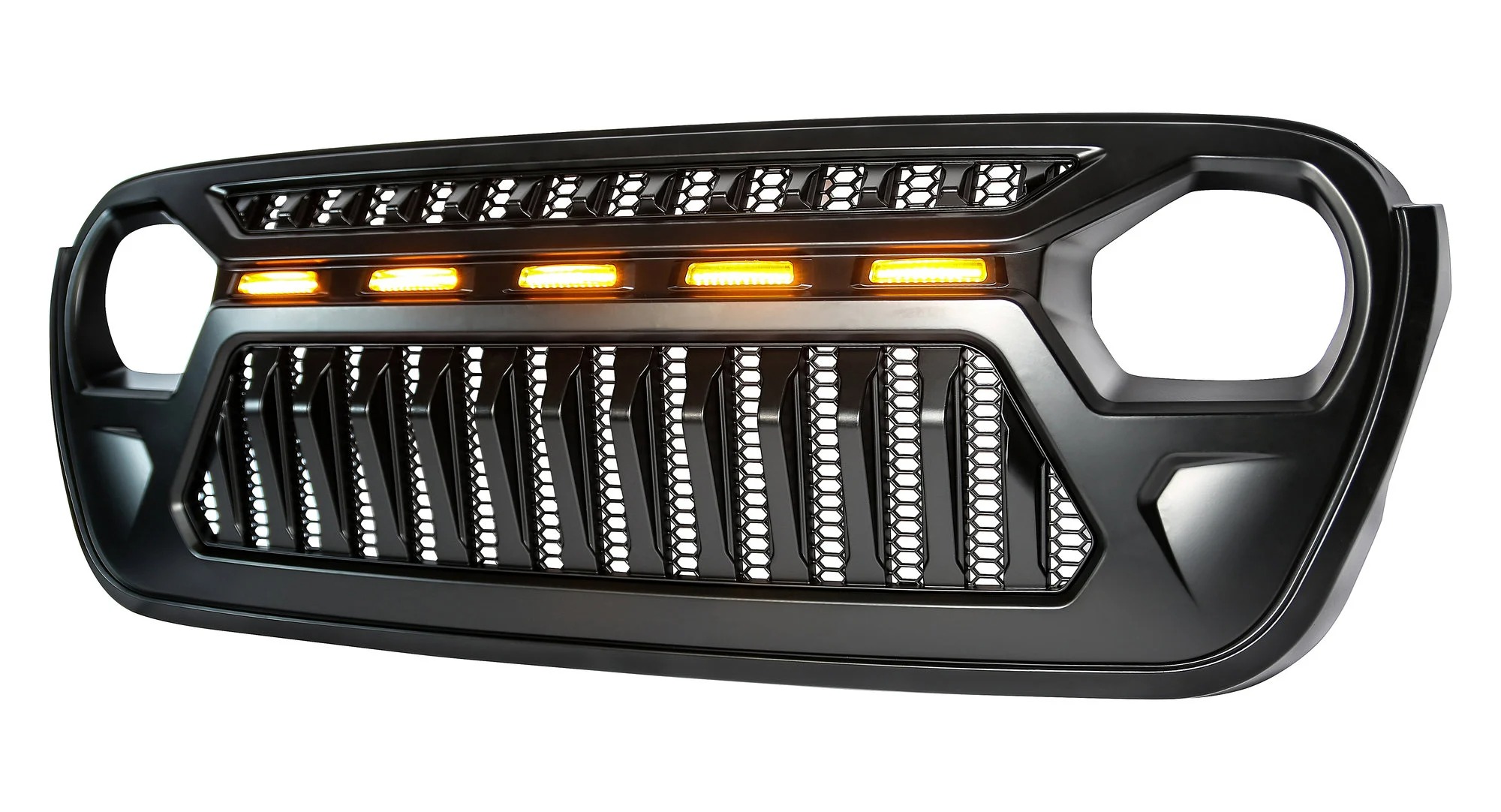 1-Mesh Grille Front Grill Cover Matte Black with Amber LED Running Lights for 2018 and Up Jeep Wrangler JL JLU JT Gladiator Accessories