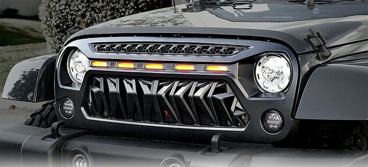 11-Haitzu Grill for Jeep Wrangler JK Accessories 2007-2018 Matte Black Angry Face Grill with 5 Amber Lights for Jeep Rubicon Sahara Sport
